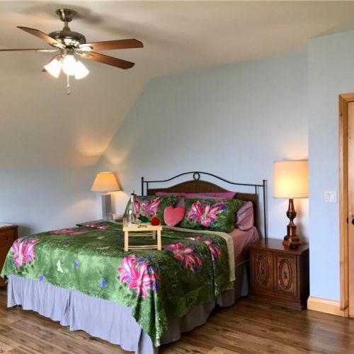 The spacious bedroom offers a comfortable queen bed and a calm, airy retreat after a day on the water.