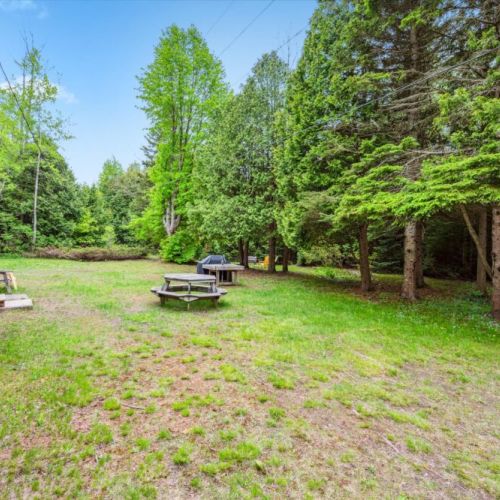 A wide open backyard with picnic tables and a grill makes this a natural hub for family barbecues and outdoor meals. Kids can run freely, while grown-ups relax in the shade or by the fire.