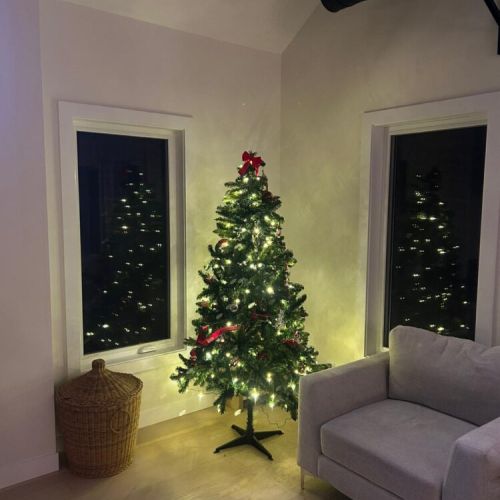 A quiet winter night—twinkling lights reflected in frosty windows.