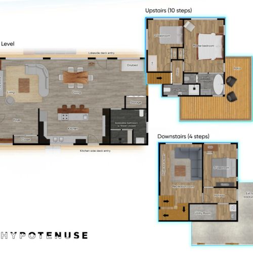 Open Concept Living Space: The main level features an open-concept design, combining the living, dining, and kitchen areas for a spacious and social feel.
Bedrooms: The cottage offers multiple bedrooms:
Upstairs: Master bedroom with ensuite bathroom, 2nd bedroom.
Downstairs: 3rd bedroom, Recreation room with sofa bed.
Bathrooms: The cottage has multiple bathrooms:
Main Level: Accessible bathroom with steam shower.
Upstairs: Ensuite bathroom in the master bedroom, additional full bathroom.
Downstairs: Full bathroom.
Outdoor Spaces: The cottage offers various outdoor spaces:
Lakeside Deck: Access from the living room.
Kitchen Side Deck: Access from the kitchen.
Patio: Off the upstairs level.
Backyard: Accessible from the recreation room.
Accessibility Features: The accessible bathroom on the main level with a steam shower is a notable feature.