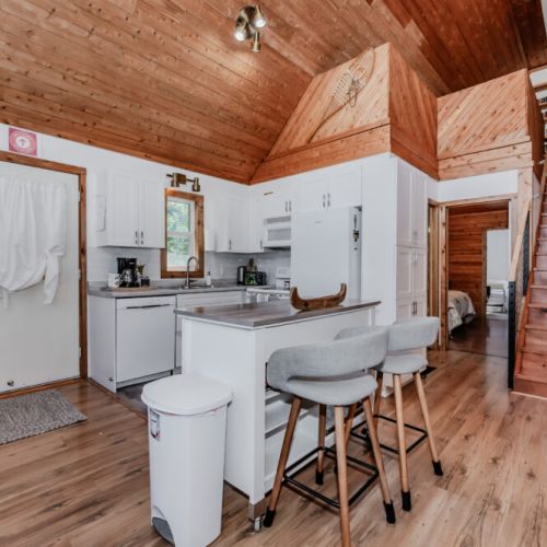 Spacious open-concept kitchen and living area with vaulted ceilings and rustic charm — perfect for cozy family stays at your lakeside getaway!