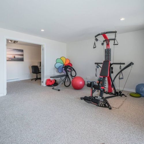 Get your workout in with the Bow-Flex, yoga mats and Swiss balls.