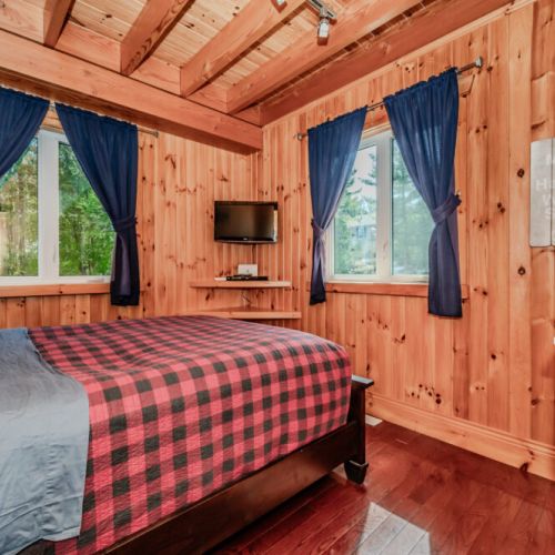 Sunlit corner bedroom with dual windows, TV, and forest views—ideal for guests looking for privacy and comfort on a group vacation.