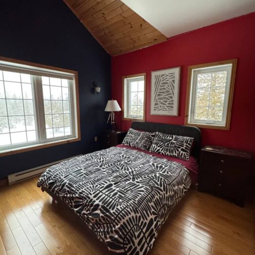 Sleep soundly in the vibrant main bedroom with vaulted wood ceilings, bold colours, and forest views—designed for style and comfort.