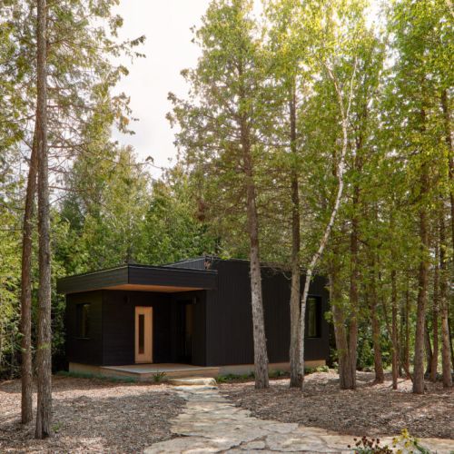 An exterior view of the workspace and sauna cabin surrounded by trees, providing a tranquil, private retreat.
