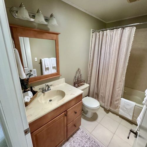 Full bathroom featuring a jetted jacuzzi tub, fresh towels, and complimentary shampoo, conditioner, and body wash.