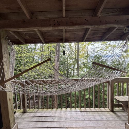 Relaxing hammock spot on the deck, with views through the trees toward Georgian Bay.