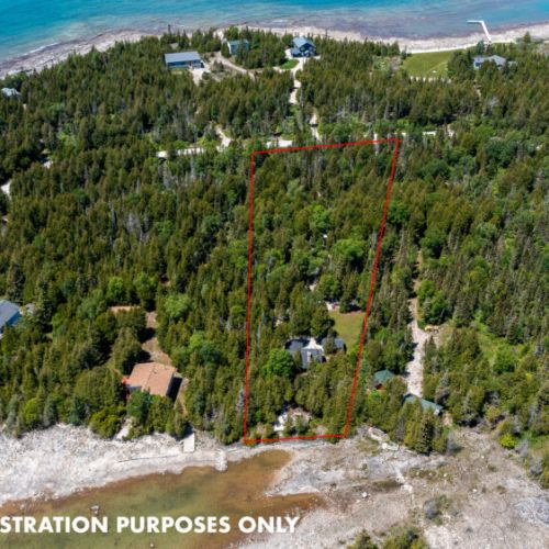 Aerial view showing the full property—your private retreat nestled in the trees, steps from the water.
