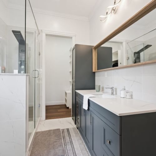 Modern bathroom with double vanity and plenty of space to get ready