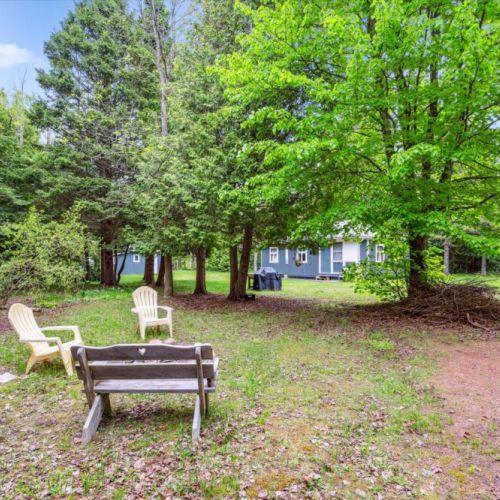 Looking back toward the cottage from the firepit, the magic of this setting becomes clear — shaded privacy, natural seclusion, and a warm, welcoming home just steps away.