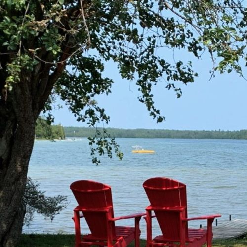 Unwind in vibrant Adirondack chairs under the shade, with peaceful lake views and a private dock—your perfect summer cottage escape.