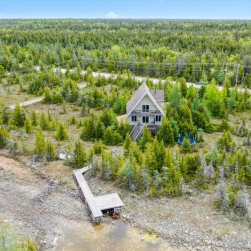 Dragonfly Cove sits tucked within the evergreens, offering privacy and a direct connection to hiking paths and shoreline exploration.