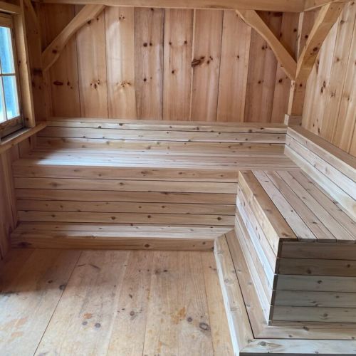 Handcrafted wood interior with elevated seating — perfect for sharing the sauna experience with family or friends.
