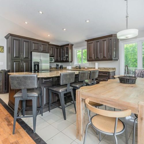 Kitchen island and dining area.