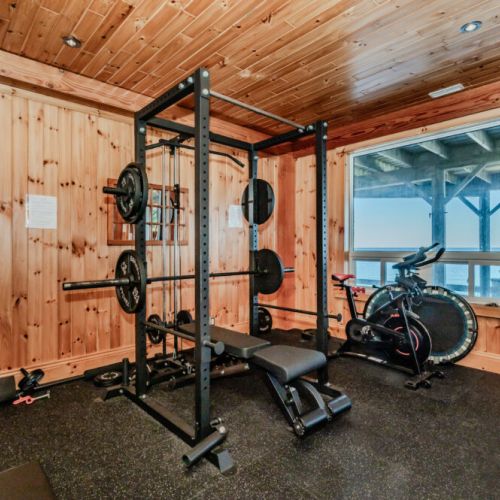 Private fitness room with lake views, weight rack, and cardio setup—perfect for active vacationers who want to stay fit while enjoying scenic serenity.