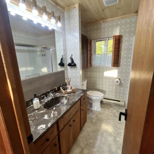 Charming bathroom with a nature-inspired backsplash, a modern sink, and a spacious shower, combining functionality with rustic charm.