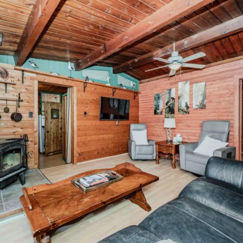 Unwind in this rustic log cabin vacation rental's cozy living room, complete with a wood stove, flat-screen TV, and plush seating—ideal for family movie nights, nature-filled getaways, or peaceful weekends in the countryside.