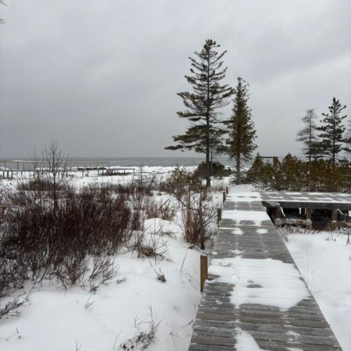 Follow the wooden walkway to dramatic winter lake views framed by evergreens. A calm, remote destination ideal for slow travel, outdoor exploration, and scenic waterfront stays.